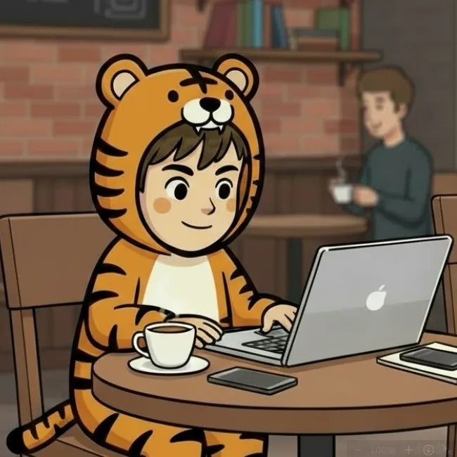 タイガーくんがカフェでPC作業中