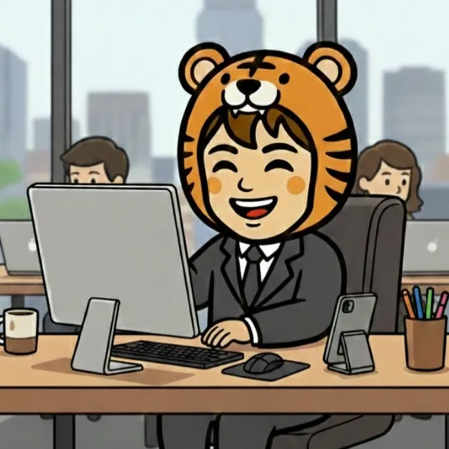 タイガーくんがオフィスで作業中